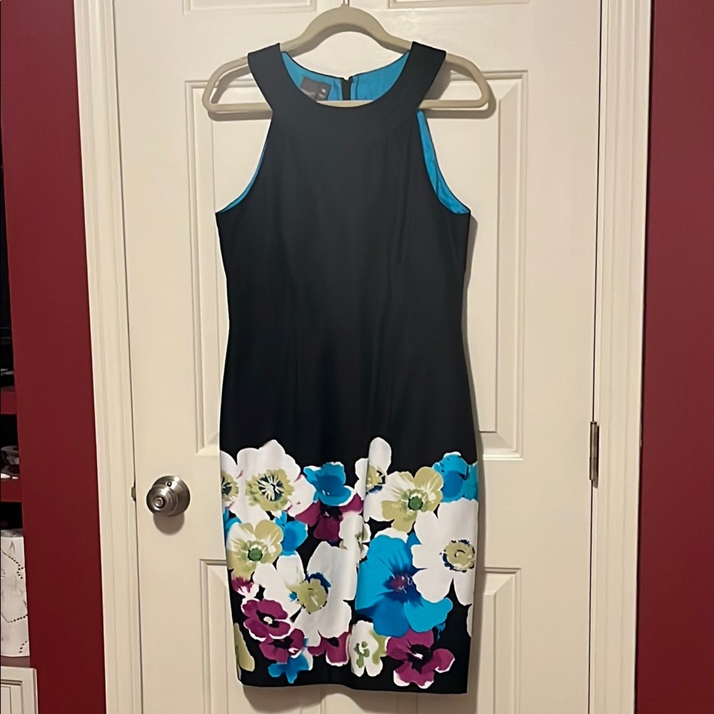 Muse Black and Blue Halter Sheath Midi Dress